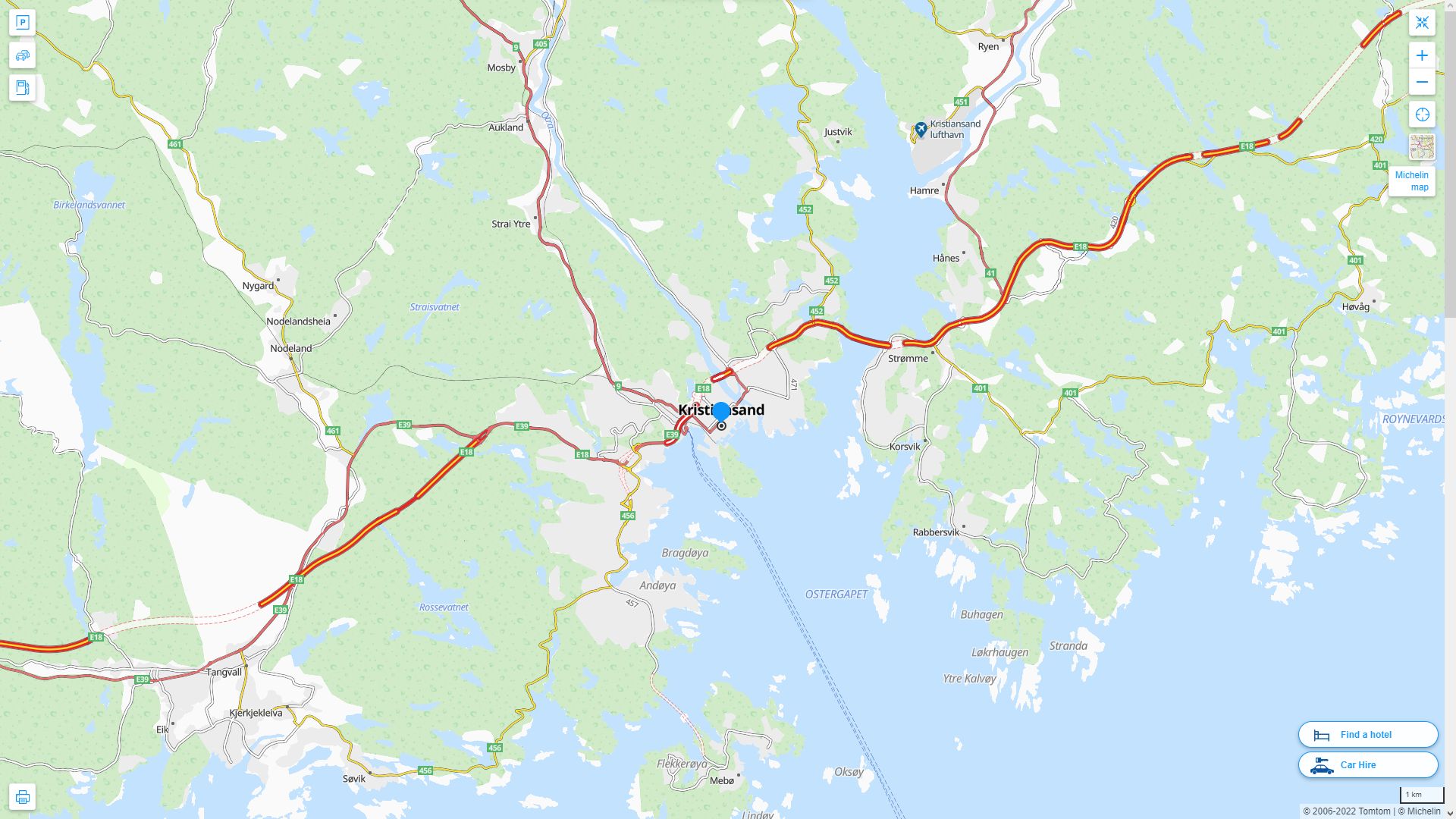 Kristiansand Highway and Road Map